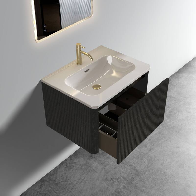 36" Etna Floating Vanity with White Ceramic Sink, Striped Black Oak Texture, Curved Edges