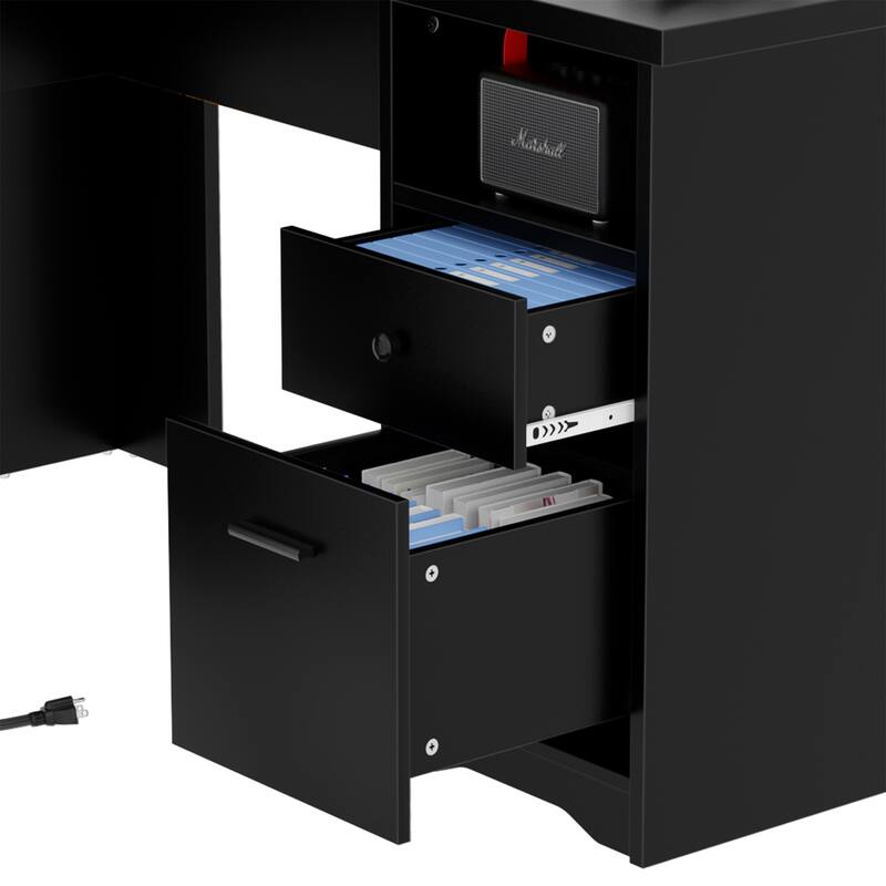 L Shaped Desk with File Cabinet and Hutch, Home Office Corner Computer Desk with Drawers and Charge Station