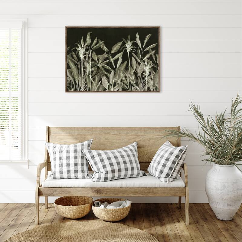 Monochrome Jungle Leaves at Night by Aria K Framed Canvas Wall Art Print