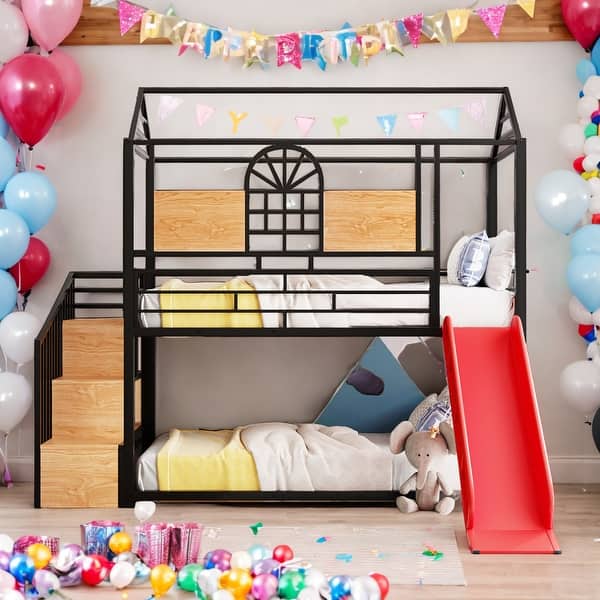 slide 2 of 10, Twin Over Twin Metal Bunk Bed, Metal Housebed with Slide and Storage Stair, Black with Red Slide,No Box Spring Required Black+Red