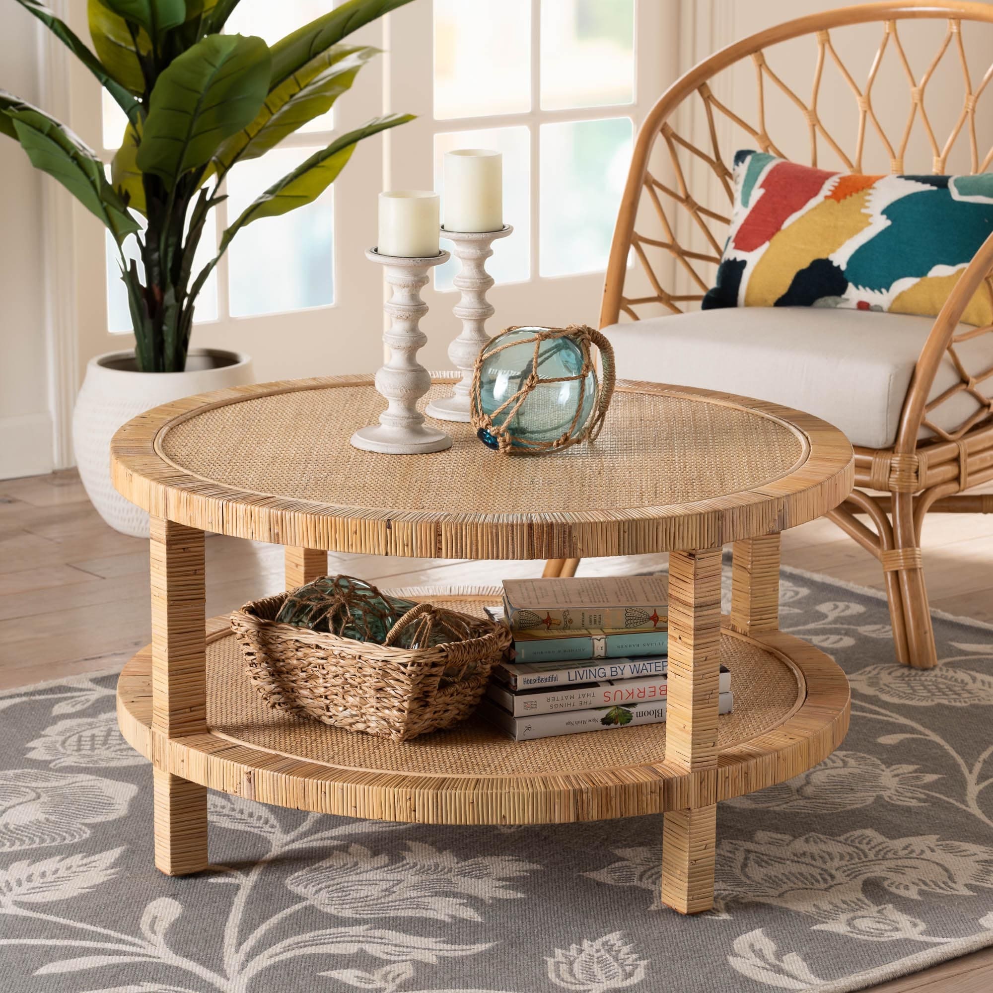 Kalimantan Bohemian Light Honey Rattan and Mahogany Wood Coffee Table