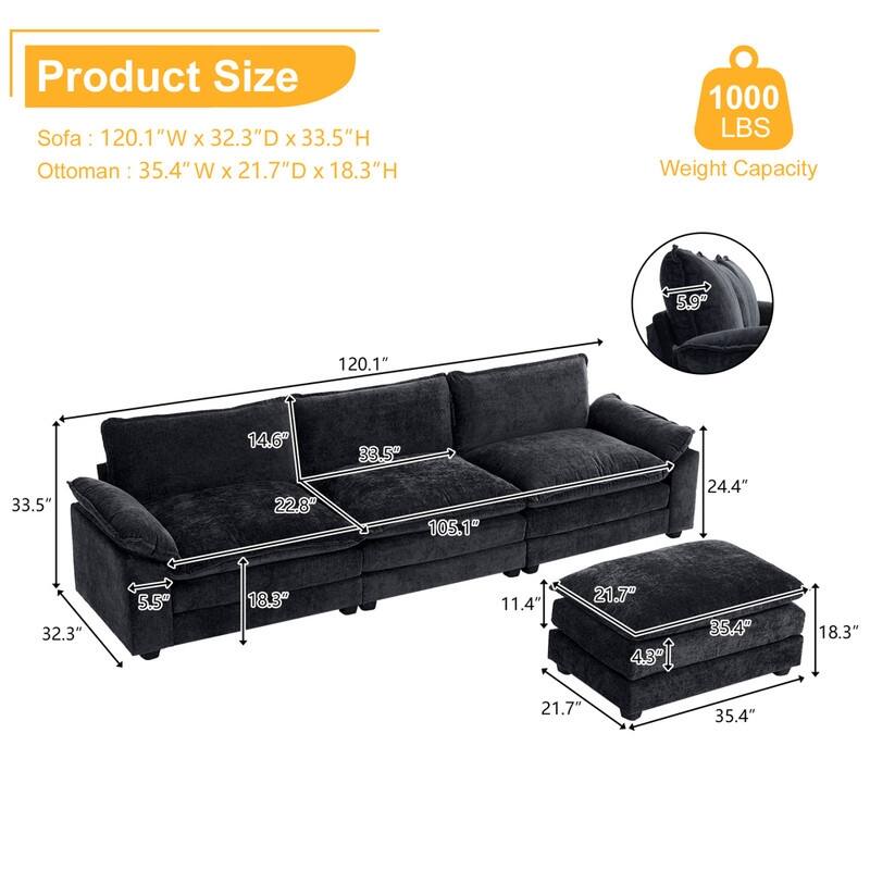 Double Layer Cushion Cloud Couch, Moludar Sofa With Reversible Ottoman For Living Room