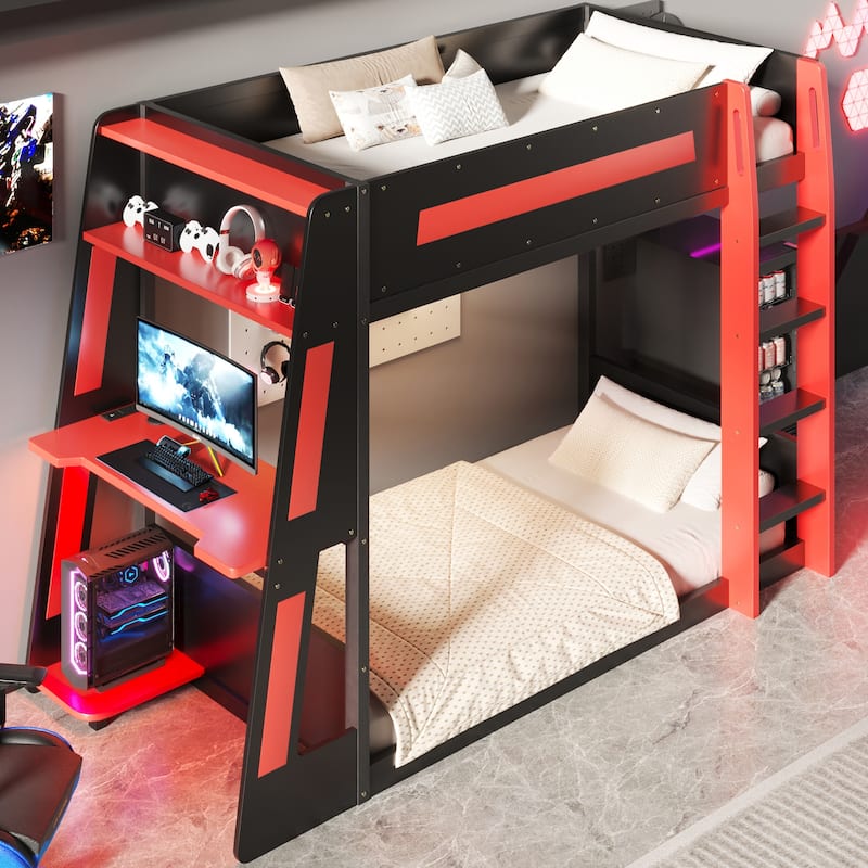 Full or Twin Gaming Bunk Bed Gaming Loft Bed with Built-In Gaming Station Cable Management for Gamer Gaming Hotel Gaming Suite - Red - Twin