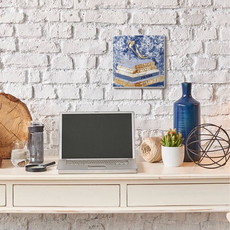 Stupell Designer Glitz Heel on Books Fashion Glam Blue Wood Wall Art,12x12