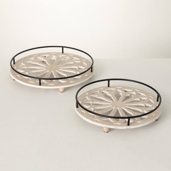 slide 2 of 5, 3"H Sullivans Metal Framed Wooden Tray Set of 2, Multicolored - 15.75"L x 15.75"W x 3"H, 13.75"L x 13.75"W x 3"H