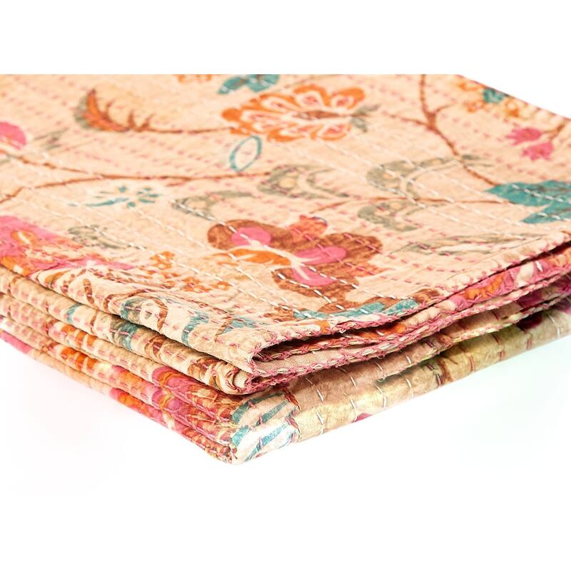 HomeRoots 70" X 50" Beige Pink Orange and Green Kantha Cotton Floral Throw Blanket with Embroidery