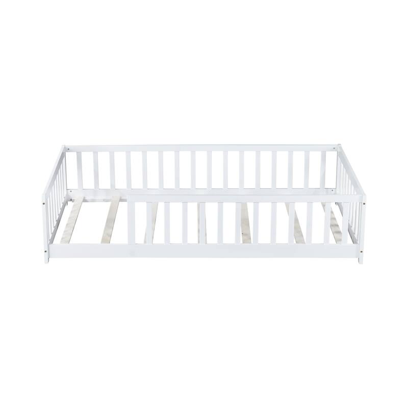 Twin Size Floor Bed With Fence Without Door, Rubber Wood Floor Bed With Safety Guardrails