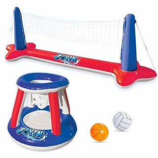 Joyfy Red Inflatable Pool Float Set Volleyball Net & Basketball Hoops ...
