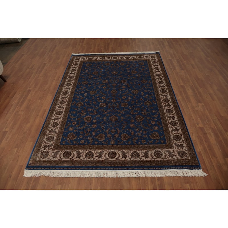 Machine Made Oriental 90% Silk - 10% Polyester Carpet Traditional Floral Navy Blue & Blues Qum Area Rug - 9' 10'' X 6' 7''