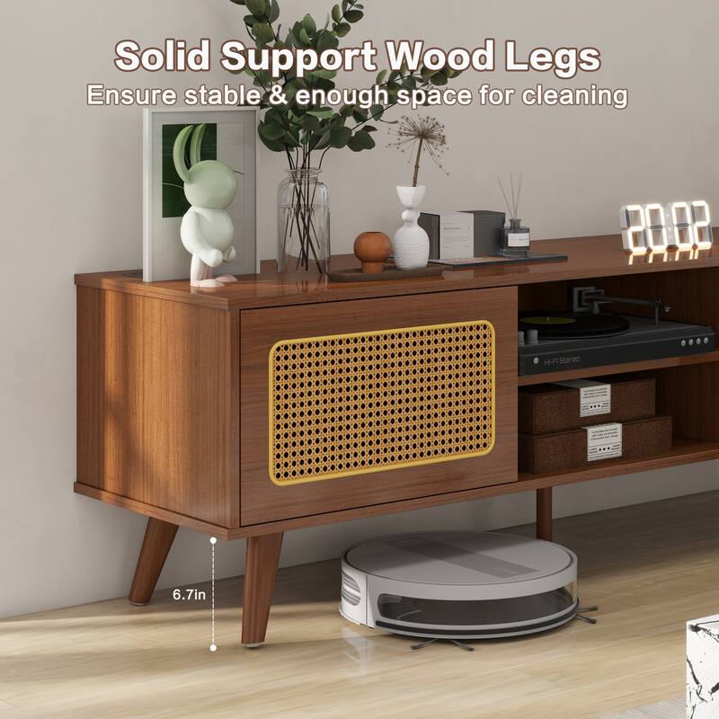 Modern TV Stand with 2 Storage Cabinet and Upper and Lower Compartment 4 Strips Wood Legs for Living Room