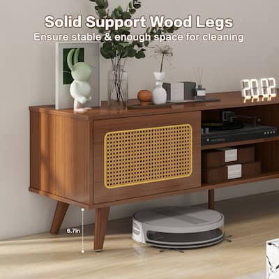TV Stand with Rattan Cabinet Doors, Entertainment Center with Shelves and 2 Cabinets, Console Table with Solid Wood Feet