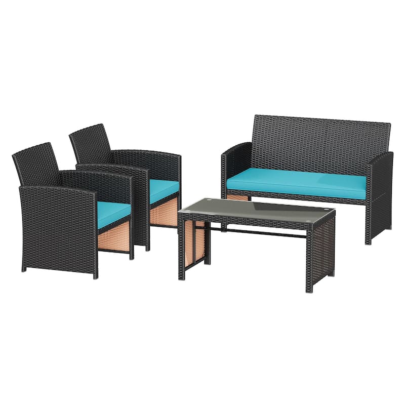 EROMMY 4-Piece Patio Furniture Set with Cushions, Wicker Sofa and Glass Coffee Table, All-Weather PE Rattan Conversation Set.