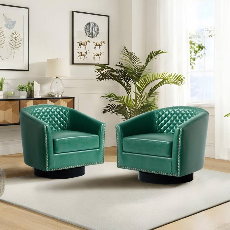 2 Set Modern Vegan Faux Leather Swivel Barrel Accent Chair - 29.62"Wx27.73"Dx27.75"H-Tufted - Green