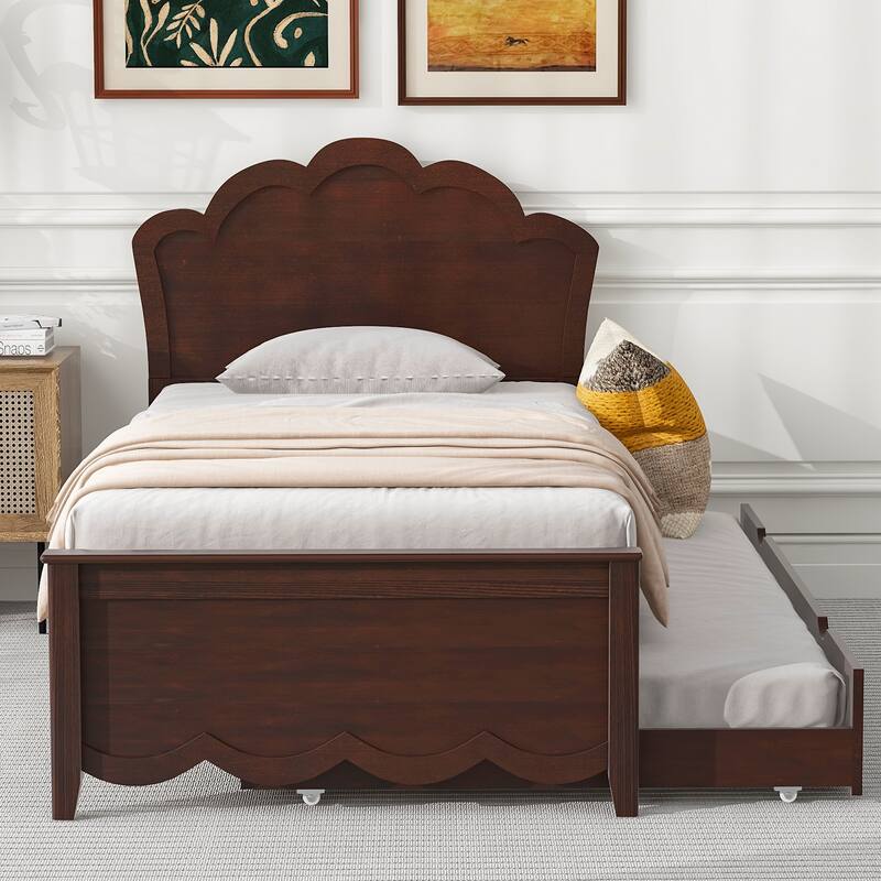 Single Bed Wood Platform Bed with Wave Shape Headboard and Footboard, Twin Size Trundle Bed Underneath No Box Spring Needed - Cappuccino - Twin