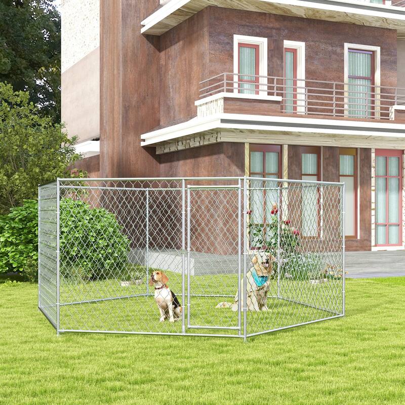 PawHut Dog Kennel Outdoor Dog Run with Lockable Door, for Medium and Large-Sized Dogs, Silver
