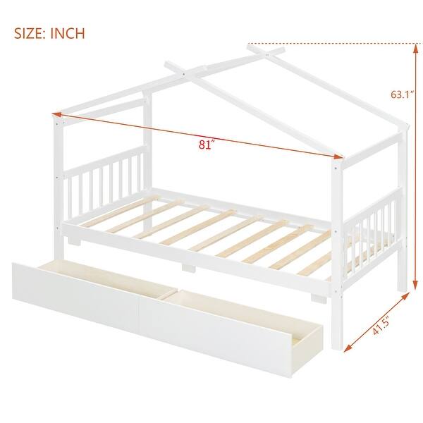 dimension image slide 1 of 3, Creativity House Bed Twin Size Frame with 2 Wood Drawers for Boys Girls, Wood Platform Bed with Roof No Box Spring Needed