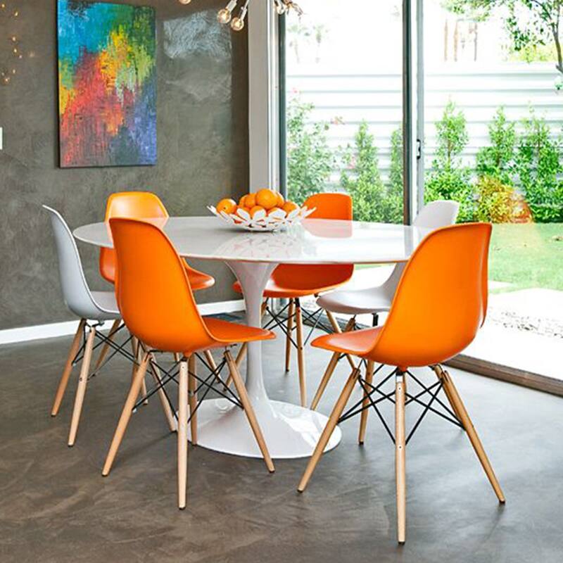 Set of 2 Mid-Century Modern Dining Chairs Armless Plastic Shell Seat with Natural WoodenEiffel Leg Base, Orange