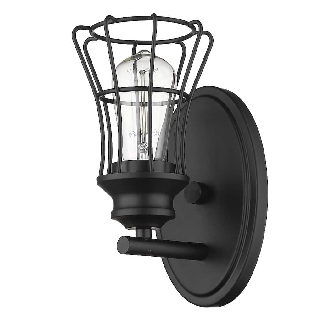 One Light Matte Black Flush Mount Industrial Cage Wall Sconce with Metal Shade and Hardwired for Indoor Use