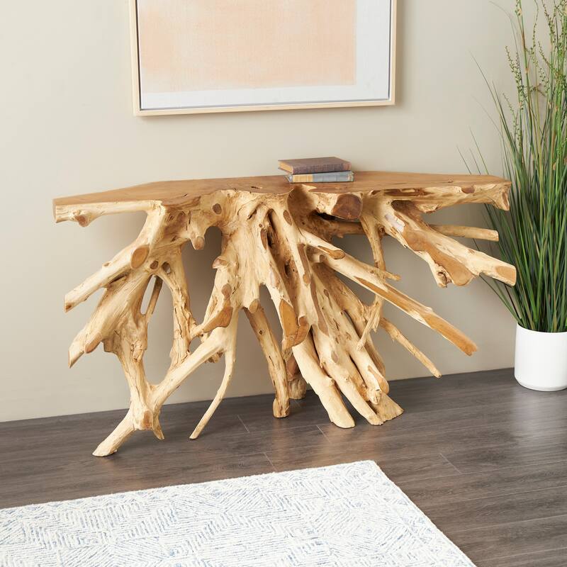 Brown Teak Wood Handmade Live Edge Tree Trunk Console Table