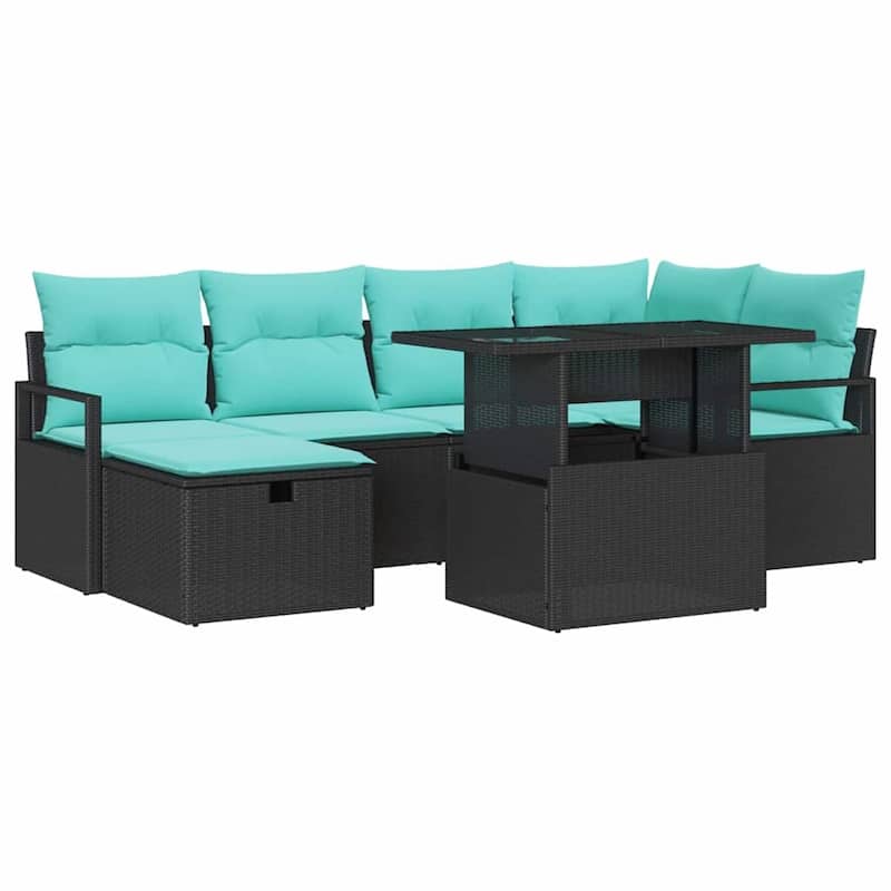 vidaXL 7 Piece Garden Sofa Set with Cushions Black Poly Rattan - 91.3×48×27.2