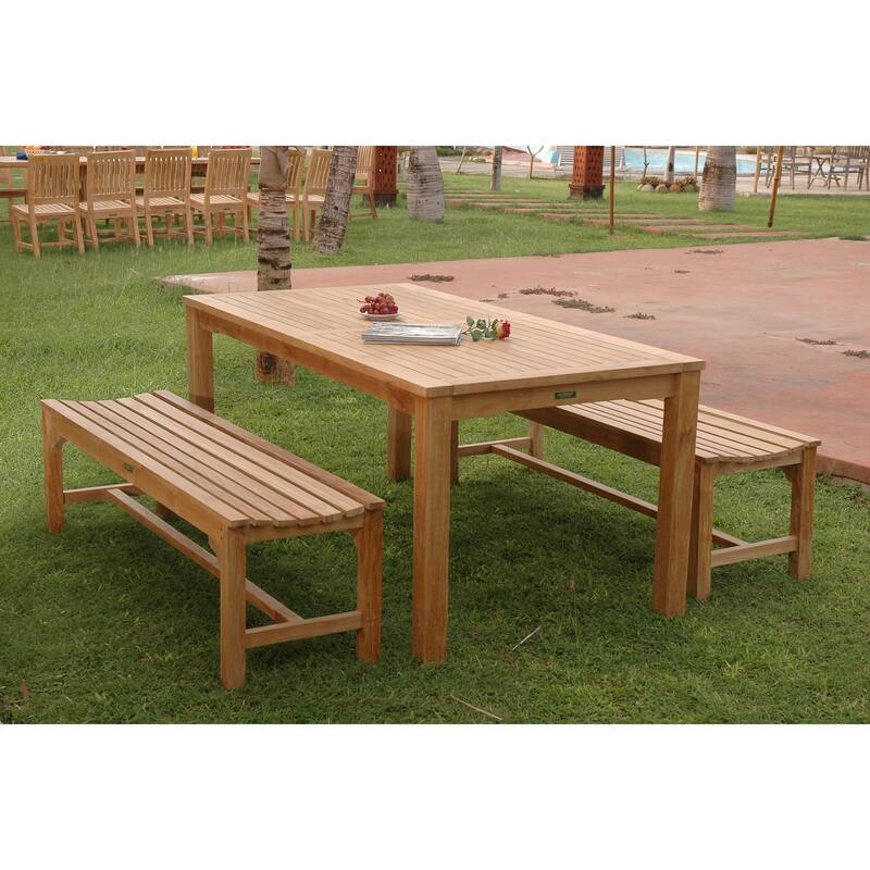 Mid-Century Dining Set - Teak Table with 2 Benches - 70" Rectangular Indoor Outdoor Furniture
