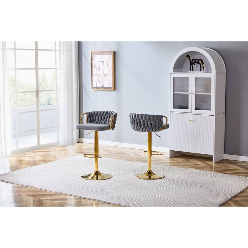 Set of 2 Modern Luxury Swivel Velvet Bar Stools, Adjustable Height with Gold Base & Rope Backrest - Gray