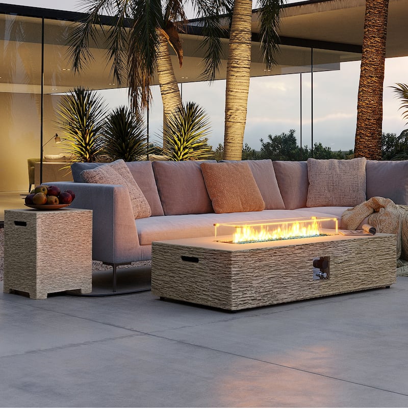 Patio Watcher 56in. Outdoor Rectangle Magnesium Oxide Fire Pit Table with Gas Tank Cover and Wind Guard