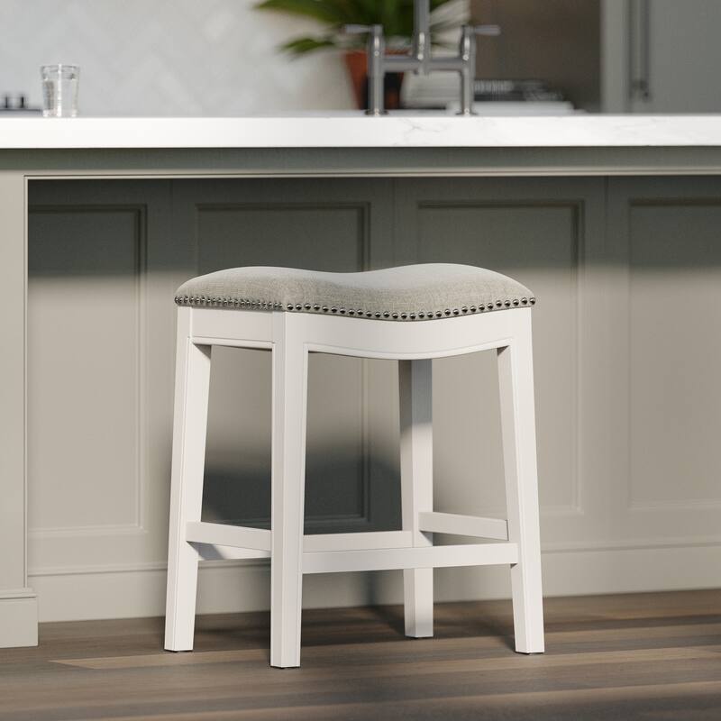 New Ridge Home Goods Zoey Counter-Height Stool with Upholstered Seat, Whitewash Finish