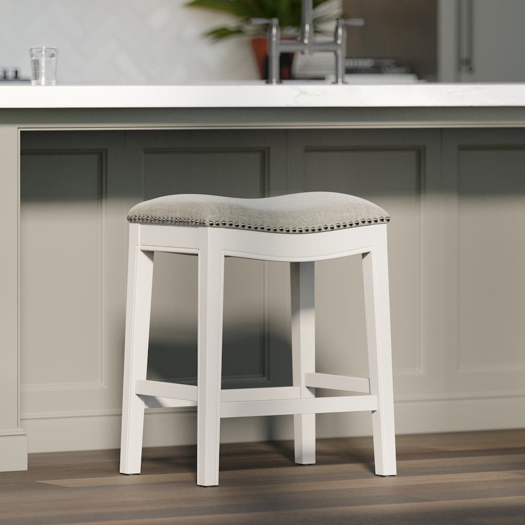 New Ridge Home Goods Zoey Counter-Height Stool with Upholstered Seat, Whitewash Finish