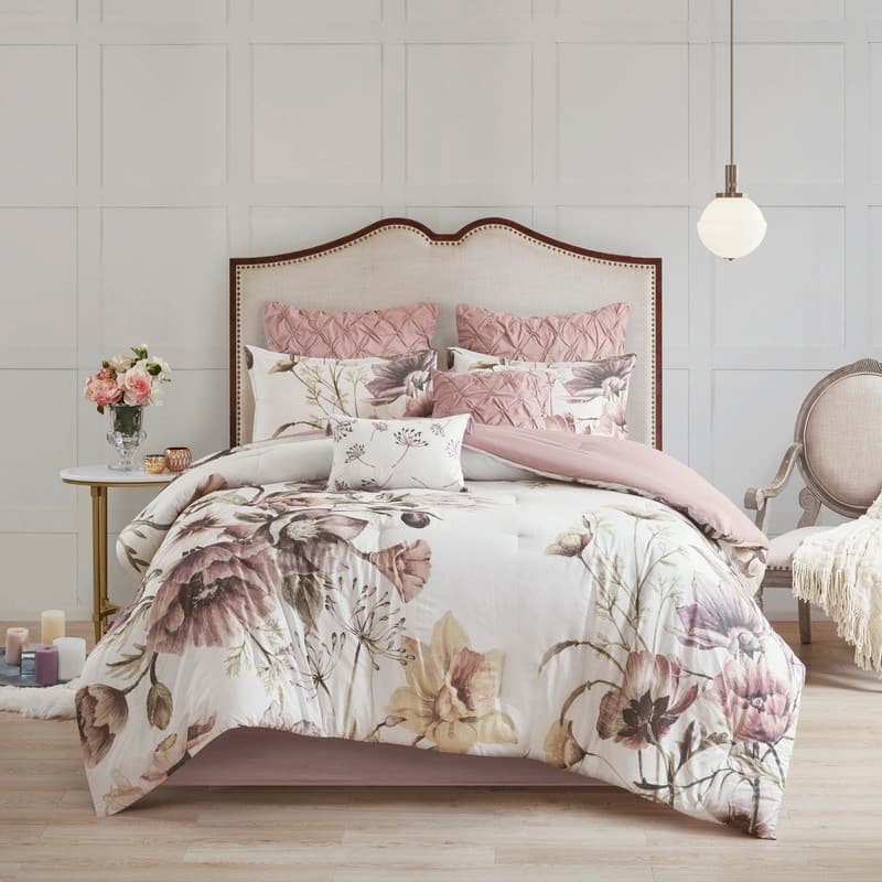 8 Piece Cotton Printed Comforter Set - Queen - Blush