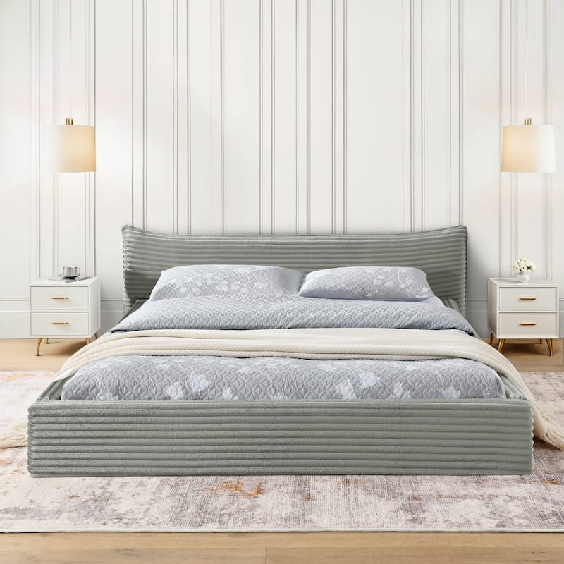 Queen Size Upholstered Platform Bed with Decorative Curved Headboard and Solid Wood Frame
