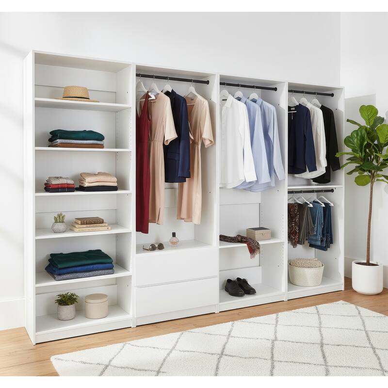 Prosper White Freestanding Walk in Wood Closet System - 125.6"W x 15.7"D x 83" H