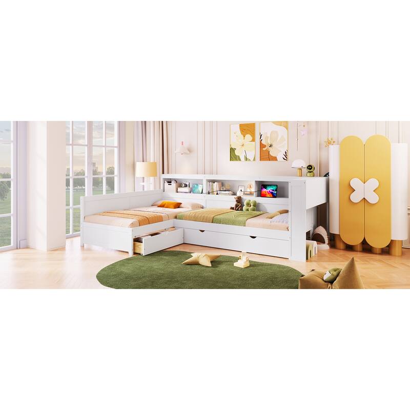Roomfitters Twin L-Shaped Platform Bed with Trundle, Drawer and Charging Station