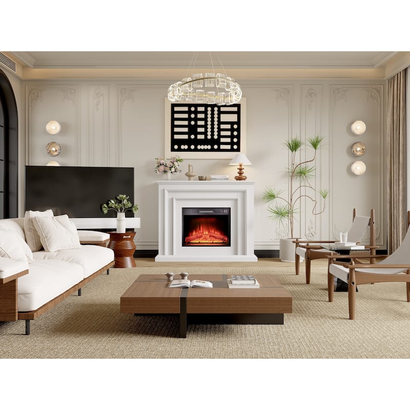 44 inch Electric Fireplace with Mantel and LED Light for Living Room - White