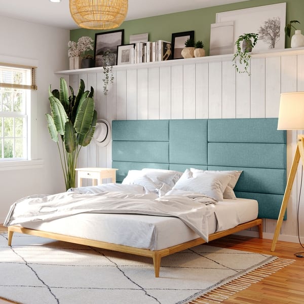 slide 2 of 11, Jaxx Panelist Modern Padded Headboard - Clearwater Configuration - Large Wall Panel Arrangement for King or Queen Surf Turquoise