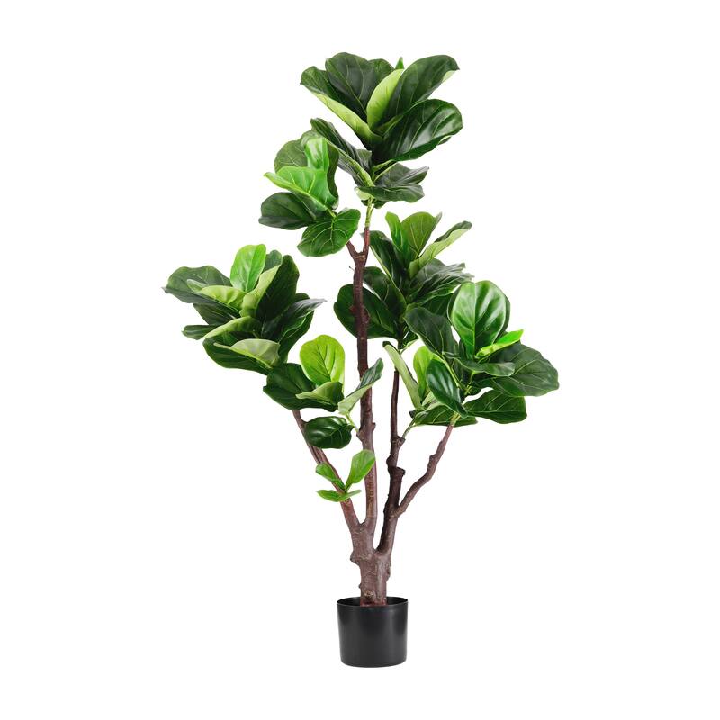Artificial Fiddle Leaf Fig Tree - 2 Variants (4ft/5.75ft), Faux Green Plant in Black Plastic Pot, Indoor Low-Maintenance Decor - 4ft