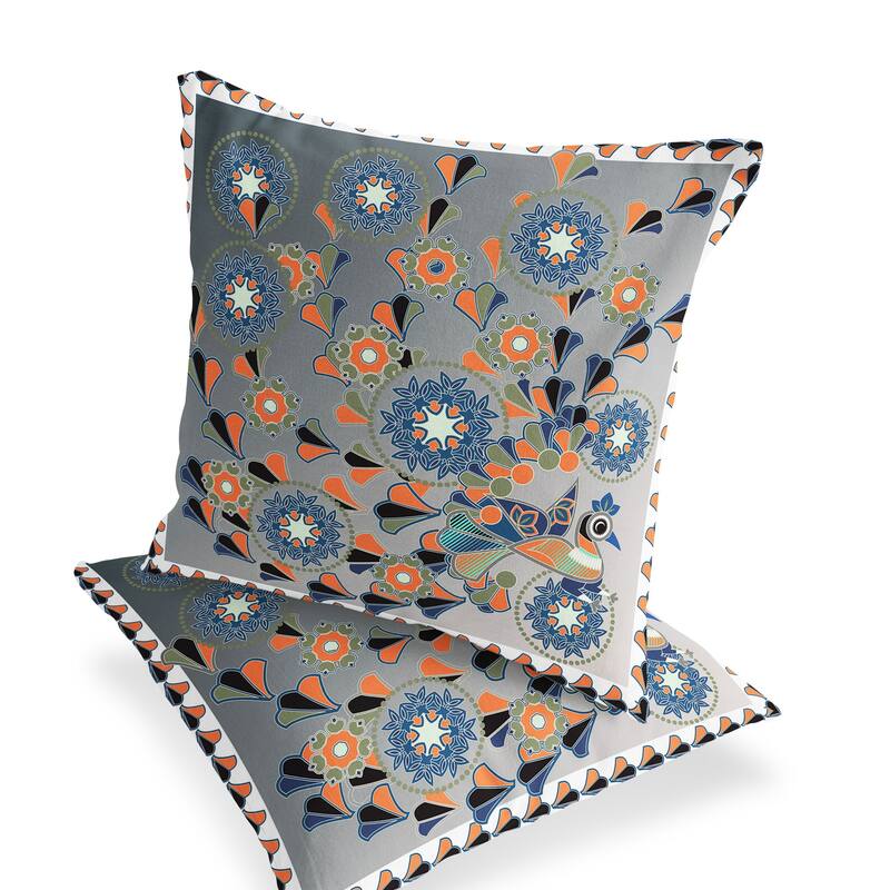 HomeRoots Set of Two 16" X 16" Gray and White Peacock Blown Seam Floral Indoor Outdoor Throw Pillow - 16.00' X '16.00' X '5.00