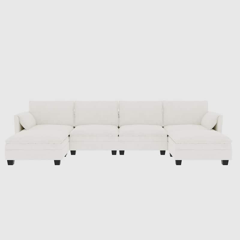 Christopher Knight Home - Noah 141.5" U-Shaped 6-Seater Sofa Couch with Movable Ottoman and Armrest Pockets, Fabric Upholstery