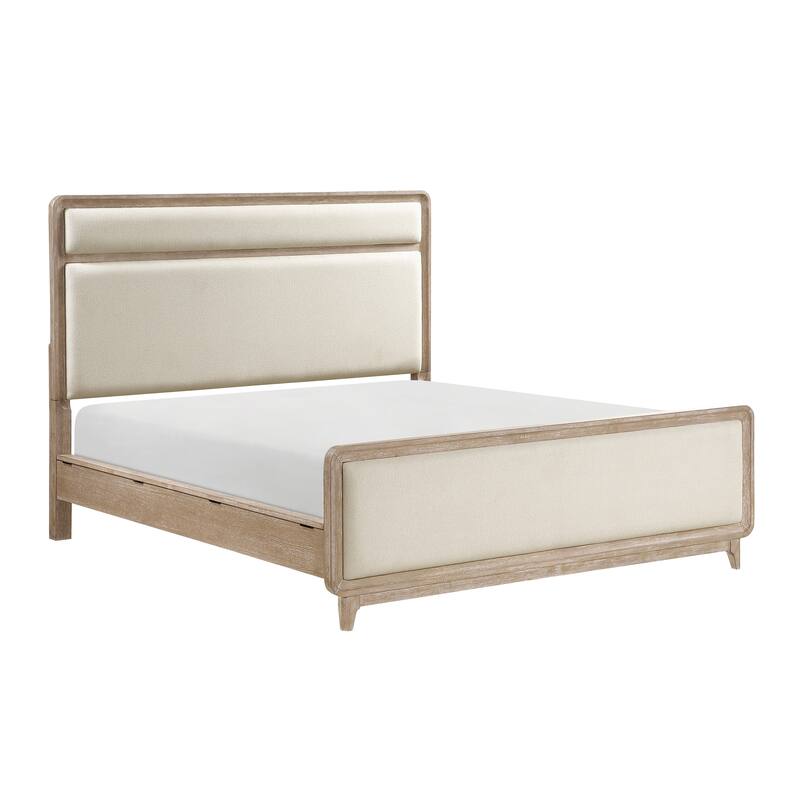 Modern Queen Bed with Upholstered Headboard and Footboard in Natural Finish