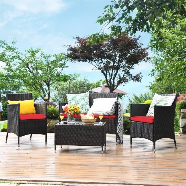 Rattan Patio Conversation Furniture Set with Glass Table and Comfortable Sofa - 4 Pcs