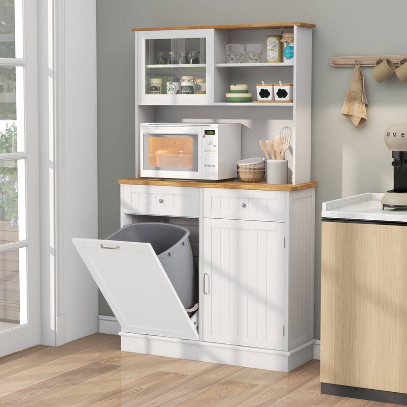 Gymax Double Tilt Out Trash Cabinet w/ Hutch Kitchen Pantry Storage
