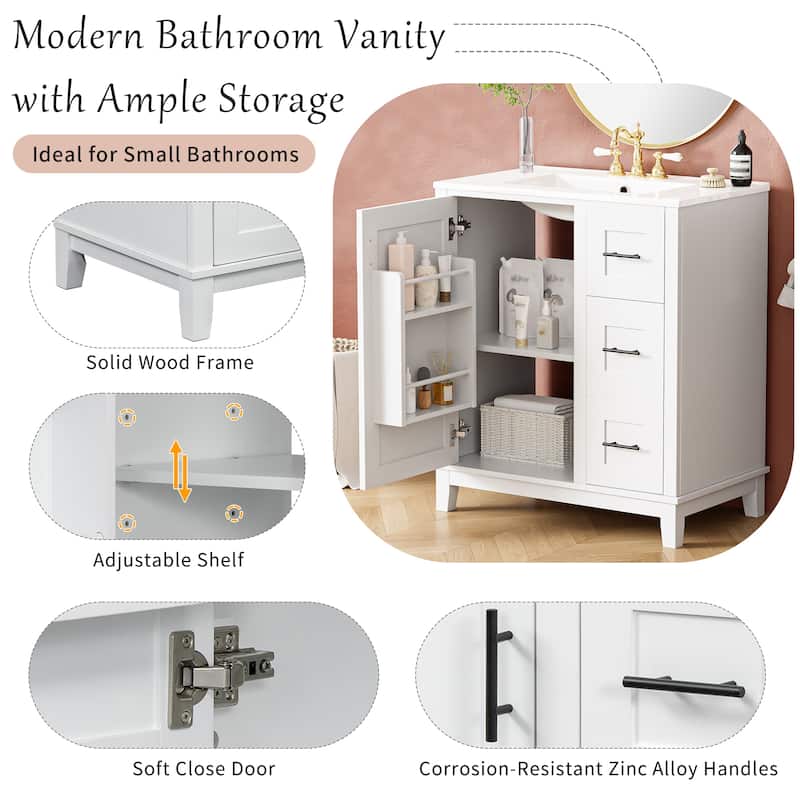 30" Bathroom Vanity with Ceramic Sink, Soft-Close Door, 3 Drawers, Rubberwood Frame, MDF Panels