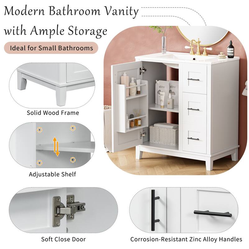 30" Modern Bathroom Vanity with Ceramic Sink - Rubberwood Frame, MDF Panels, 1 Door & 3 Drawers, Double Storage Racks