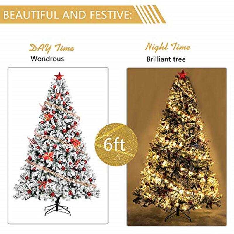 6ft Snow Flocked Artificial Christmas Pine Tree with 1050 PVC Tips Full and Realistic Design - 6-Feet