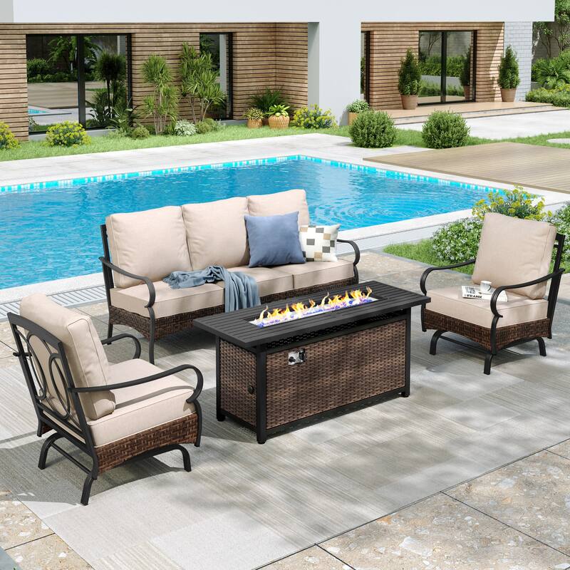 MAISON ARTS Patio Furniture Set with 56" Fire Pit Table, Deep Seating Sofa & Swivel, Rocking, and Fixed Chairs (5 Seats, Beige) - Rocking Chair - Beige