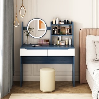 navy blue dressing table stool Navy Blue Floral Vanity Stool Modern Blue Dressing Table With Chair  Retracted Dressing Table