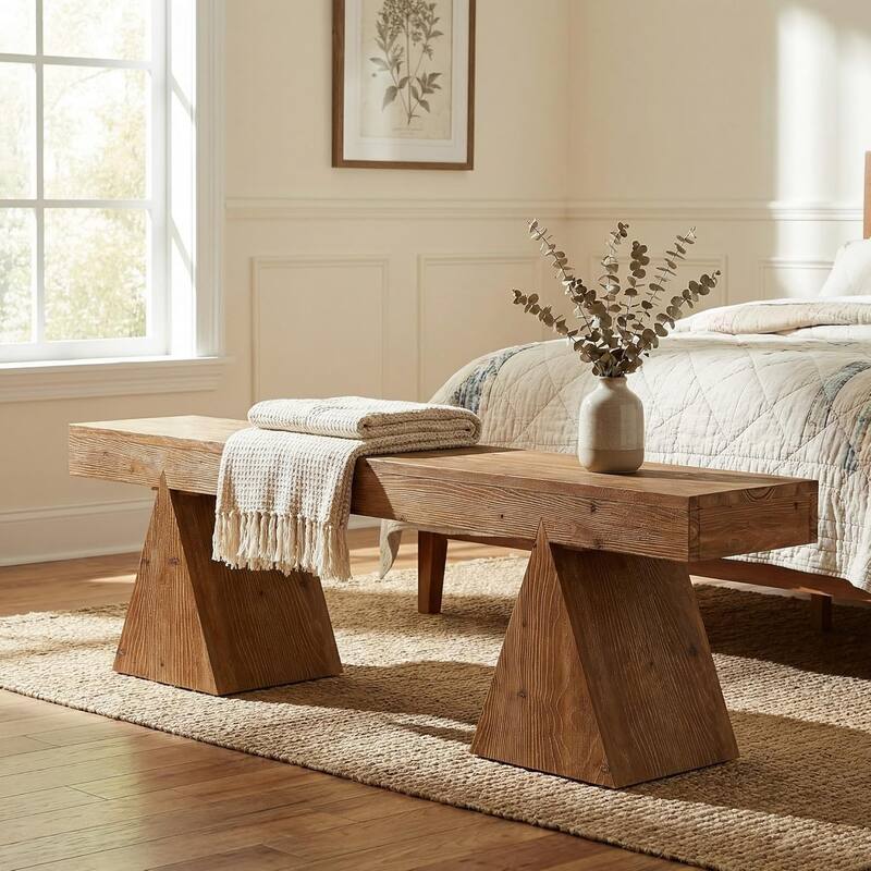 63" Solid Wood Bench, End of Bed Bench, Farmhouse Entryway Benches for Bedroom, Hallway, Kitchen