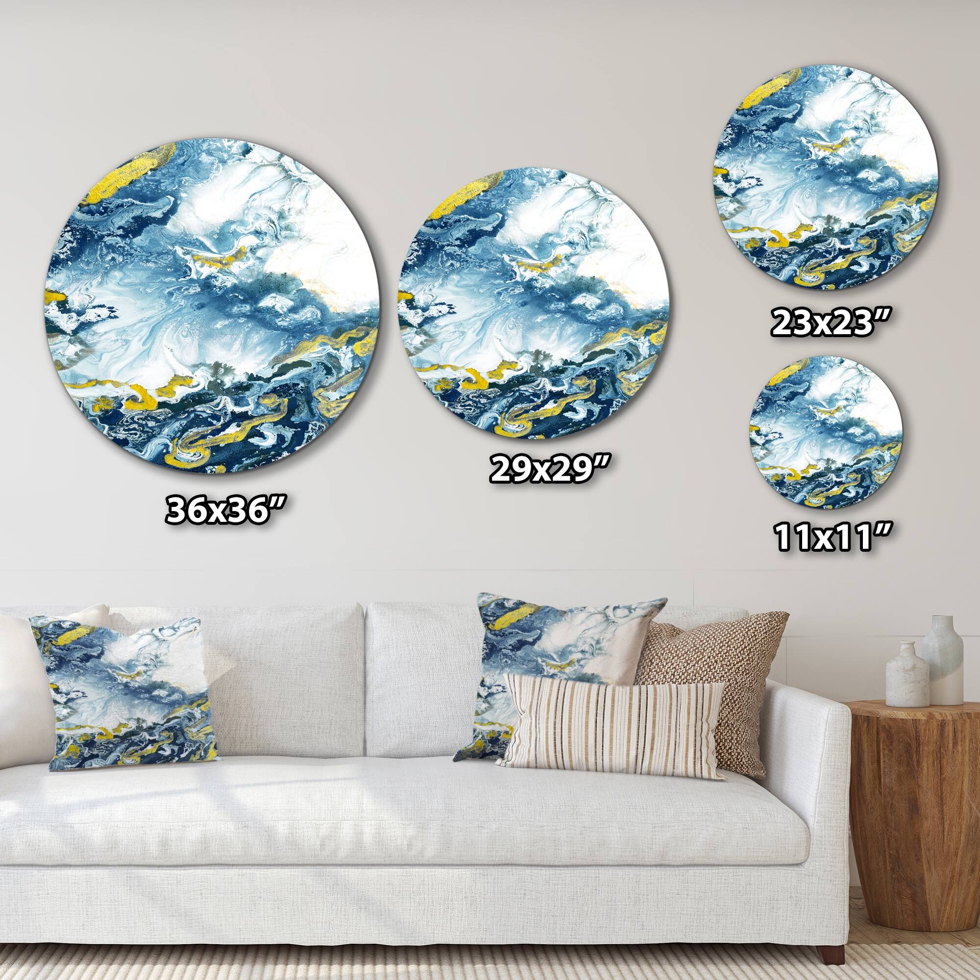 Designart 'Blue Yellow Gold Abstract Liquid Art I' Modern Metal Circle