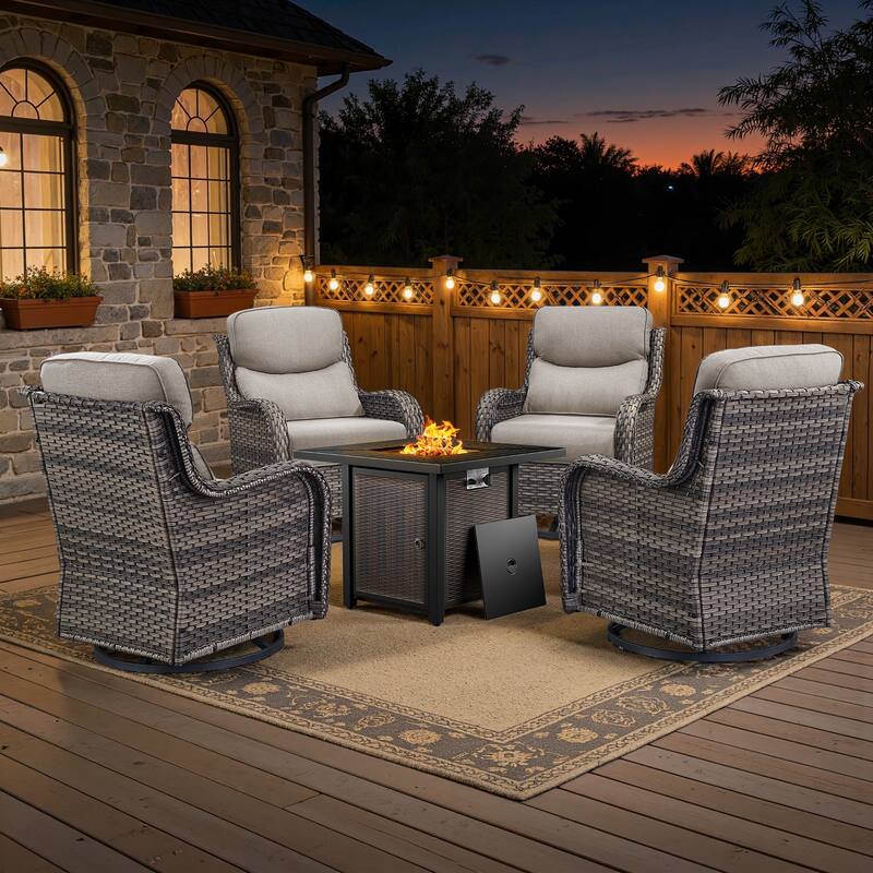 Meyreso 5-Piece Outdoor Patio Wicker Fire Pit 4 person Conversation Set with 5-Inch Thick Cushions - Beige Cushions - Gray Wicker