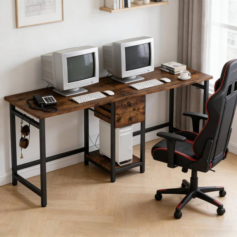 Extra-Large 2-Person Office Desk with Drawers, Open Shelf and Steel Frame - Black+Rustic Brown